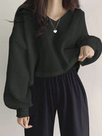 Solid Color V-Neck Dropped Shoulder Long Sleeve Loose Casual T-Shirt