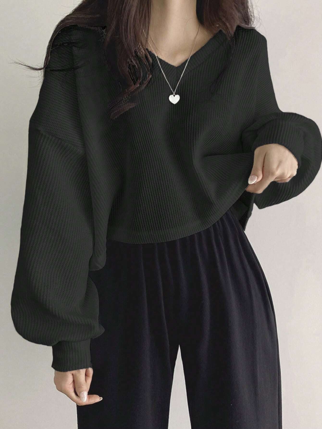 Solid Color V-Neck Dropped Shoulder Long Sleeve Loose Casual T-Shirt