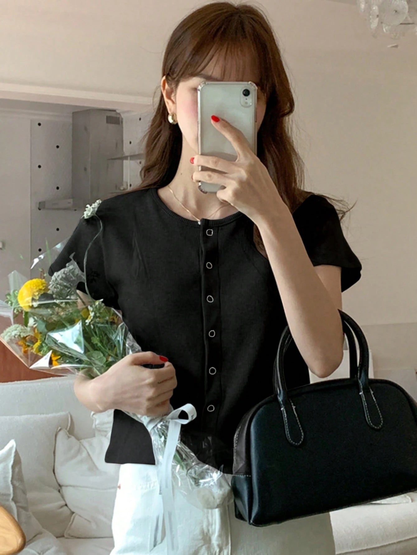 Solid Round Neck Form-Fitting Short Sleeve Cardigan T-Shirt