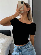 Casual Solid Color Short Sleeve Slim Fit T-Shirt,Halter Top