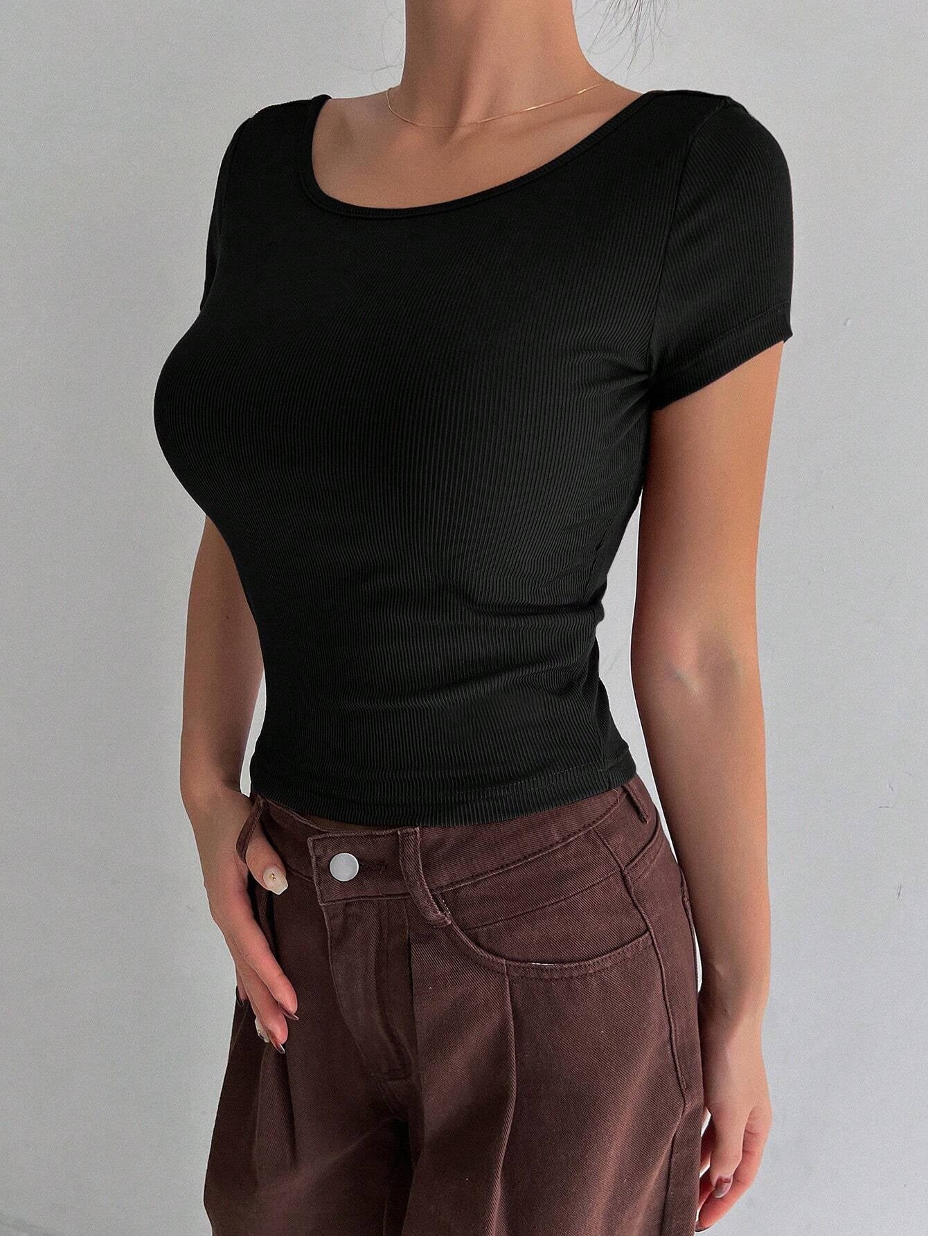 Solid Backless Crop Ribbed Knit Tee,Halter Top