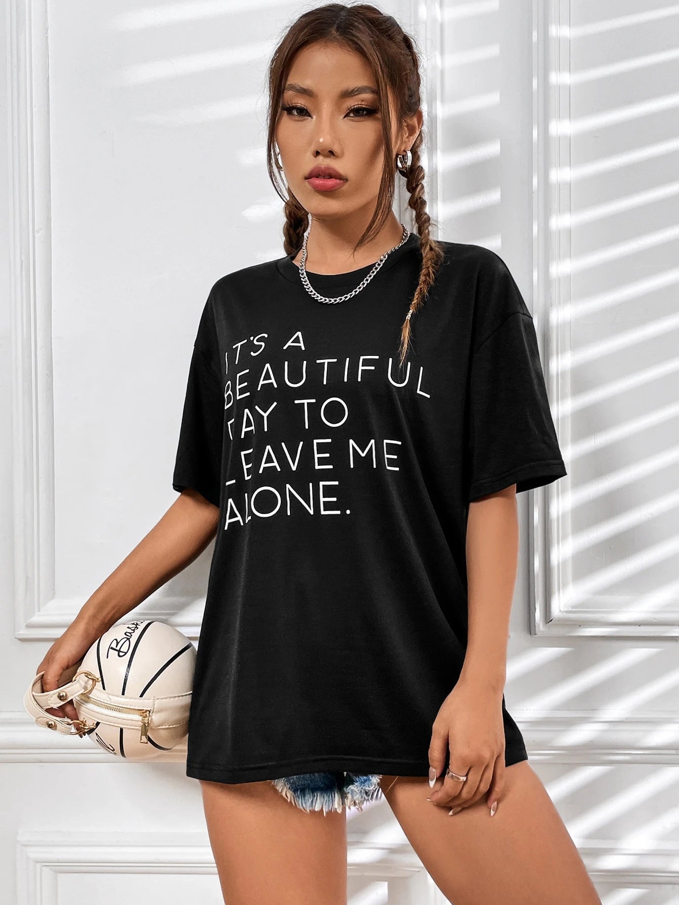 Slogan Graphic Drop Shoulder Tee IT'S A BEAUTIFUL DAY TO LEAVE ME ALONE