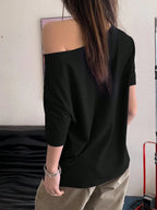 Off-Shoulder Short Sleeve Letter Printed Casual T-Shirt Graphic Tees Women Tops