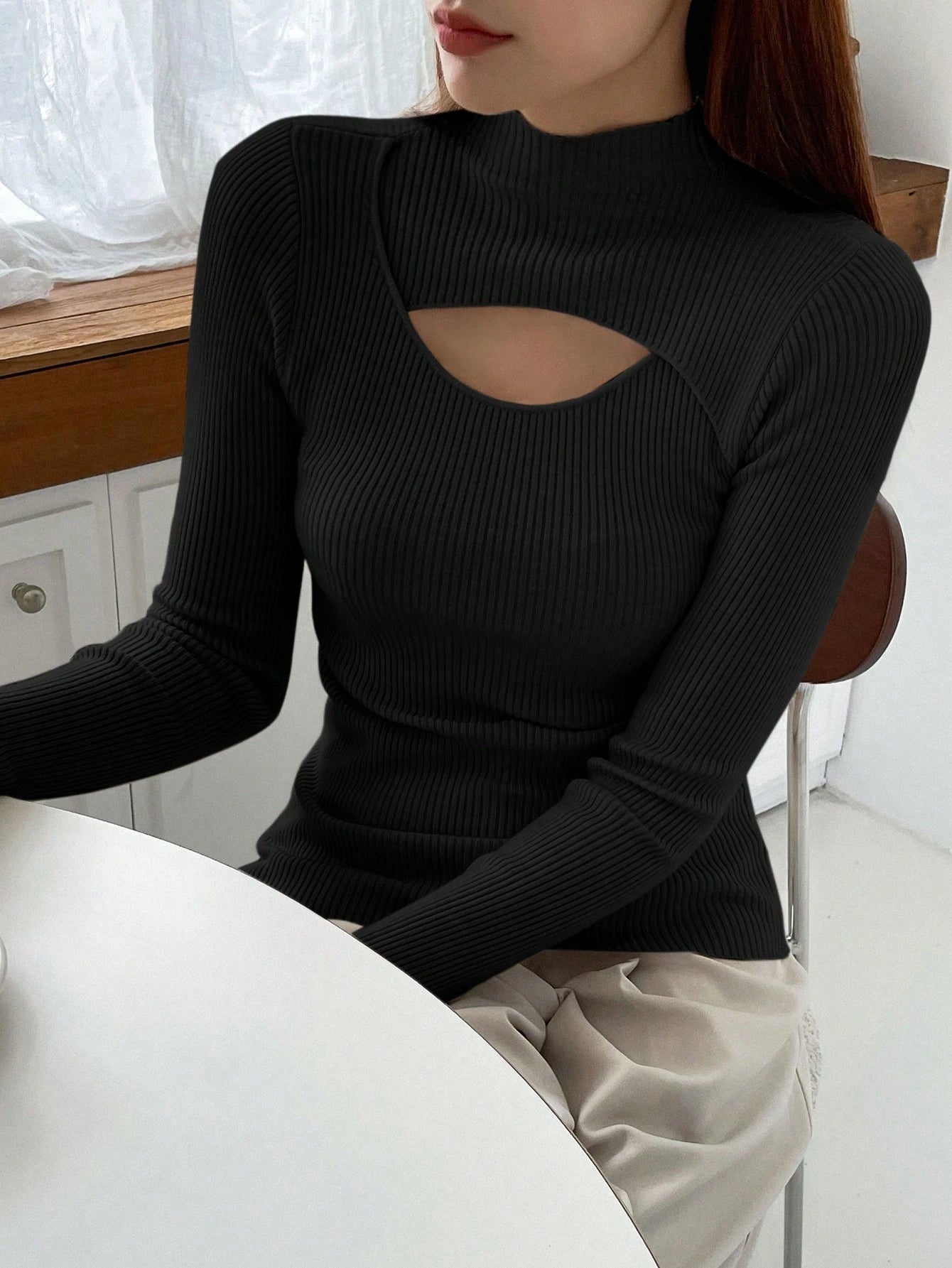Stand Collar Long Sleeve Hollow Pullover Tops