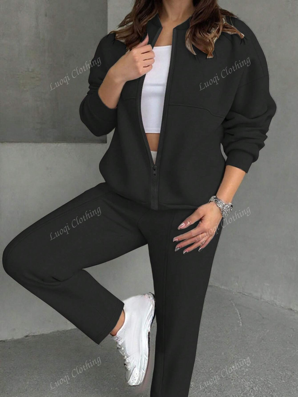Solid Color Minimalist Hoodie Jacket Top And Straight Leg Pants, Fashion Outfit
