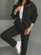 Solid Color Minimalist Hoodie Jacket Top And Straight Leg Pants, Fashion Outfit