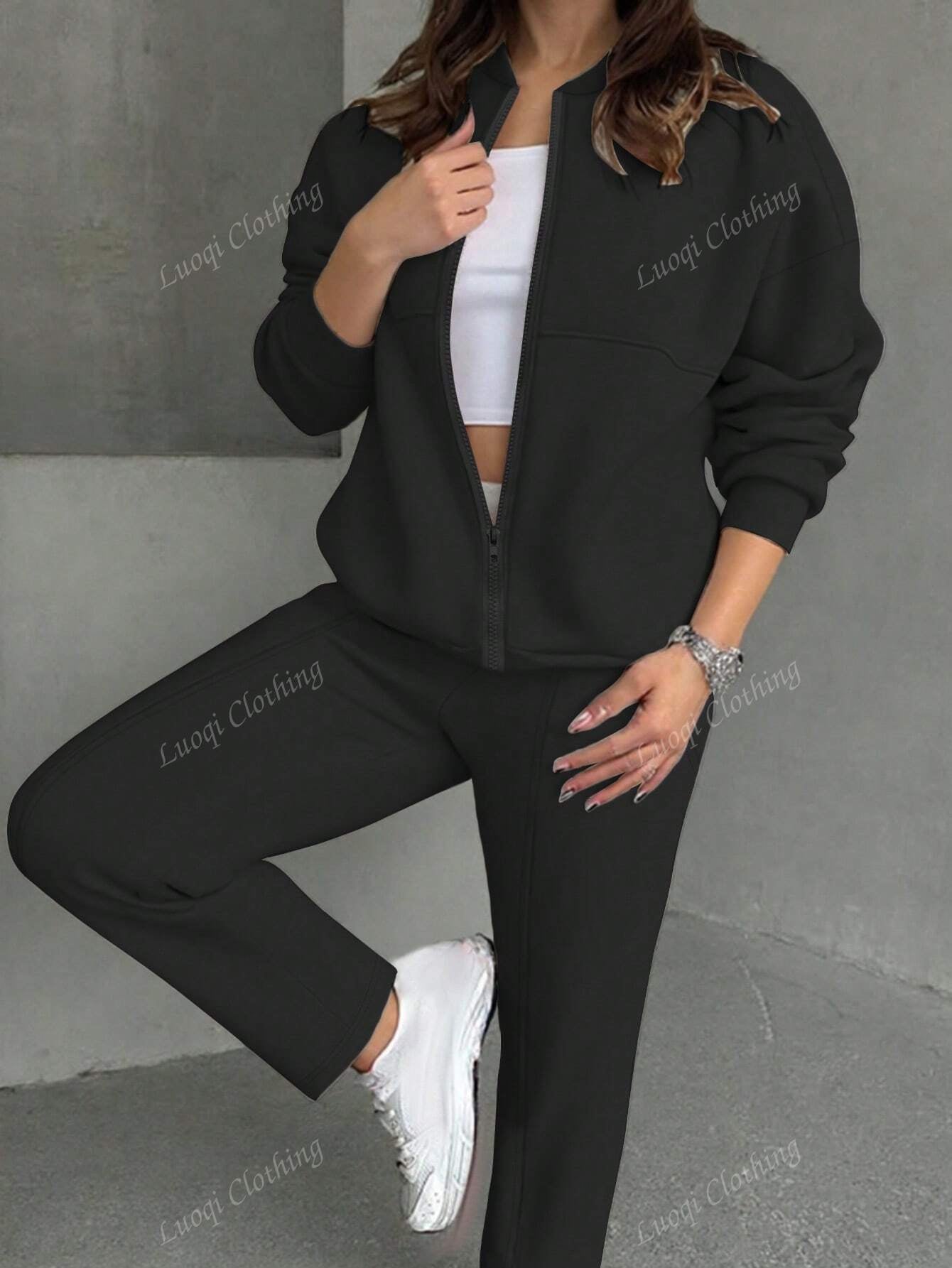 Solid Color Minimalist Hoodie Jacket Top And Straight Leg Pants, Fashion Outfit