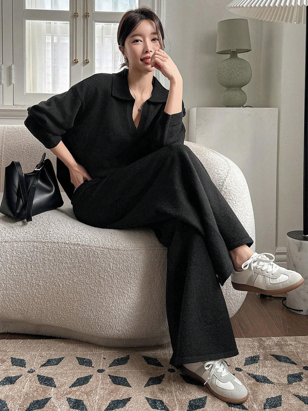 Casual Solid Color Turndown Collar Loose Sweater And Wide Leg Pants 2 Pieces Set