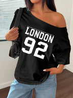 Letter Print Off-Shoulder Short Sleeve Casual Loose T-Shirt Graphic Tees