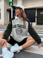 Letter Graphic Contrast Collar Raglan Sleeve Polo Neck Sweatshirt