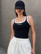 Letter Print Contrast Trim Tight Crop Tank Top With U-Neck For Women