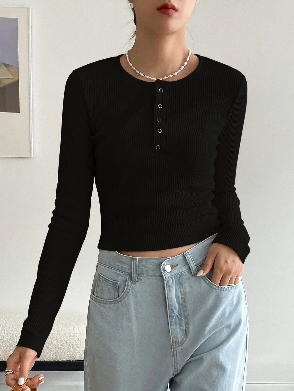 Ribbed Long Sleeve Henley Top - Button Neck Slim Fit Casual Tee