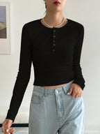 Ribbed Long Sleeve Henley Top - Button Neck Slim Fit Casual Tee