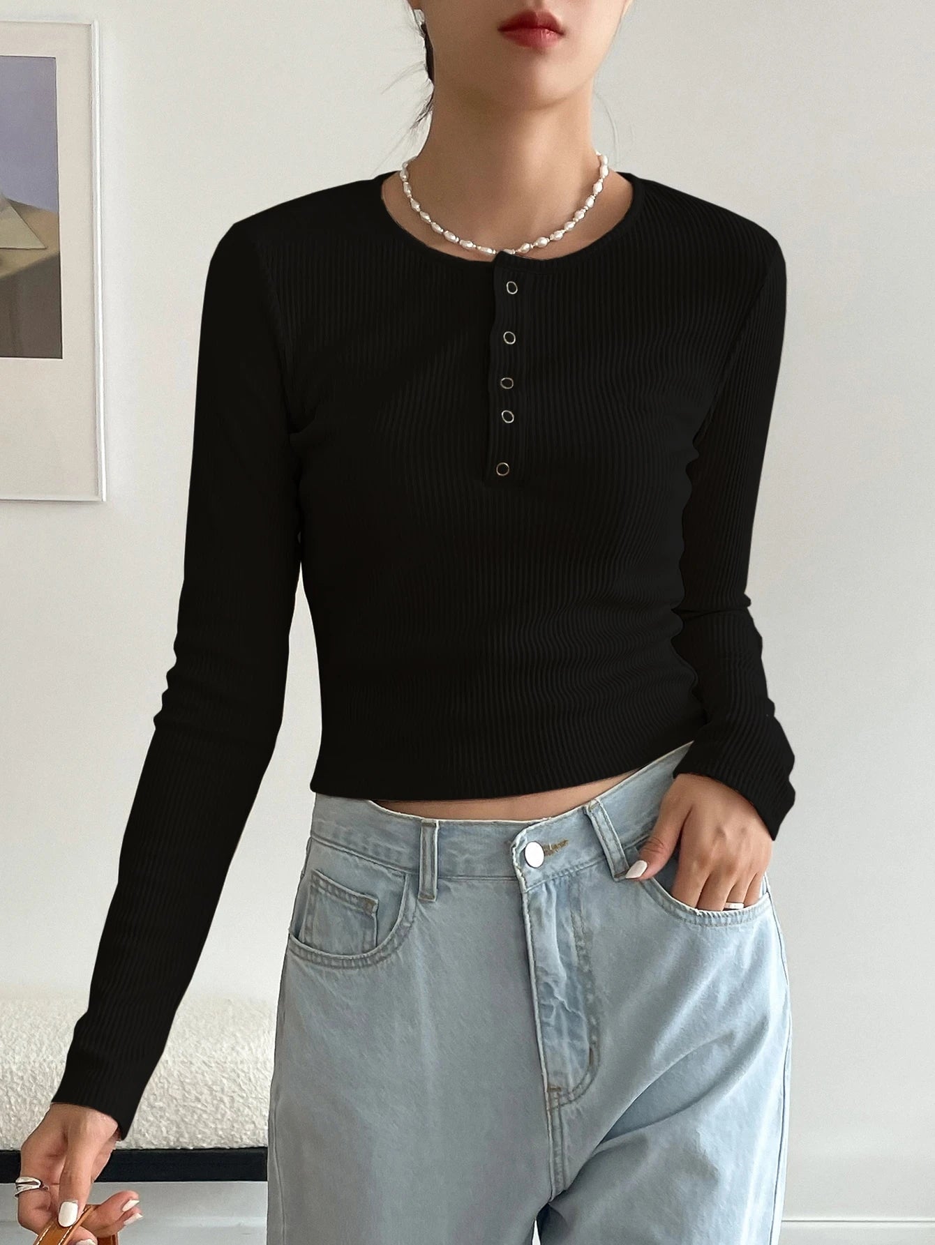 Ribbed Long Sleeve Henley Top - Button Neck Slim Fit Casual Tee