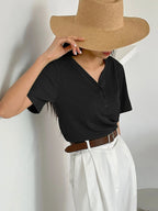 Less Solid Rib Knit Button Front Tee Old Money Style