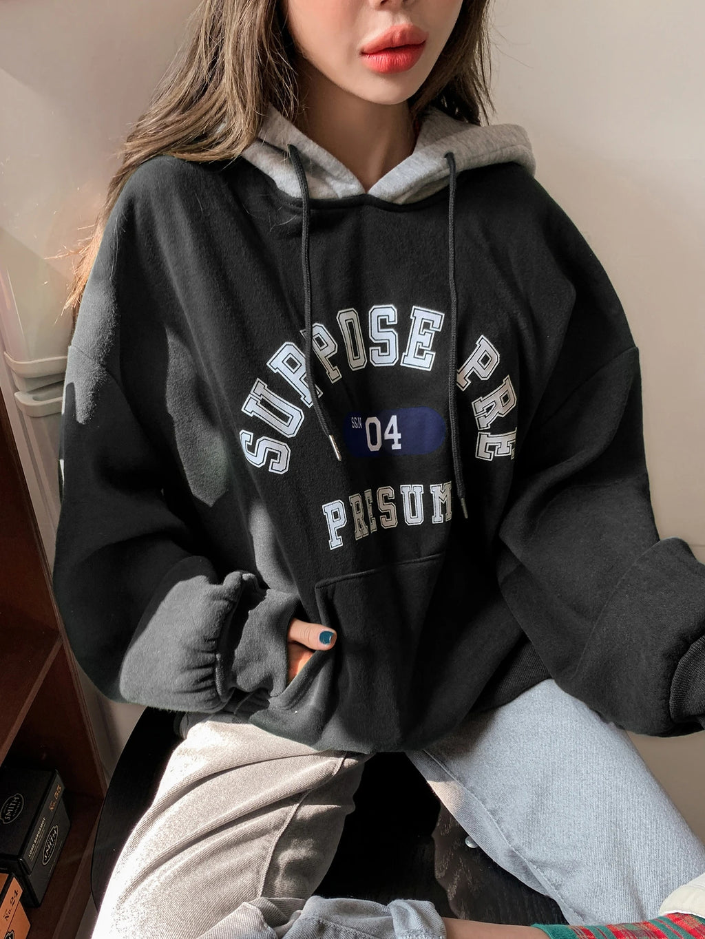 Letter Graphic Big Pocket Drawstring Thermal Hoodie