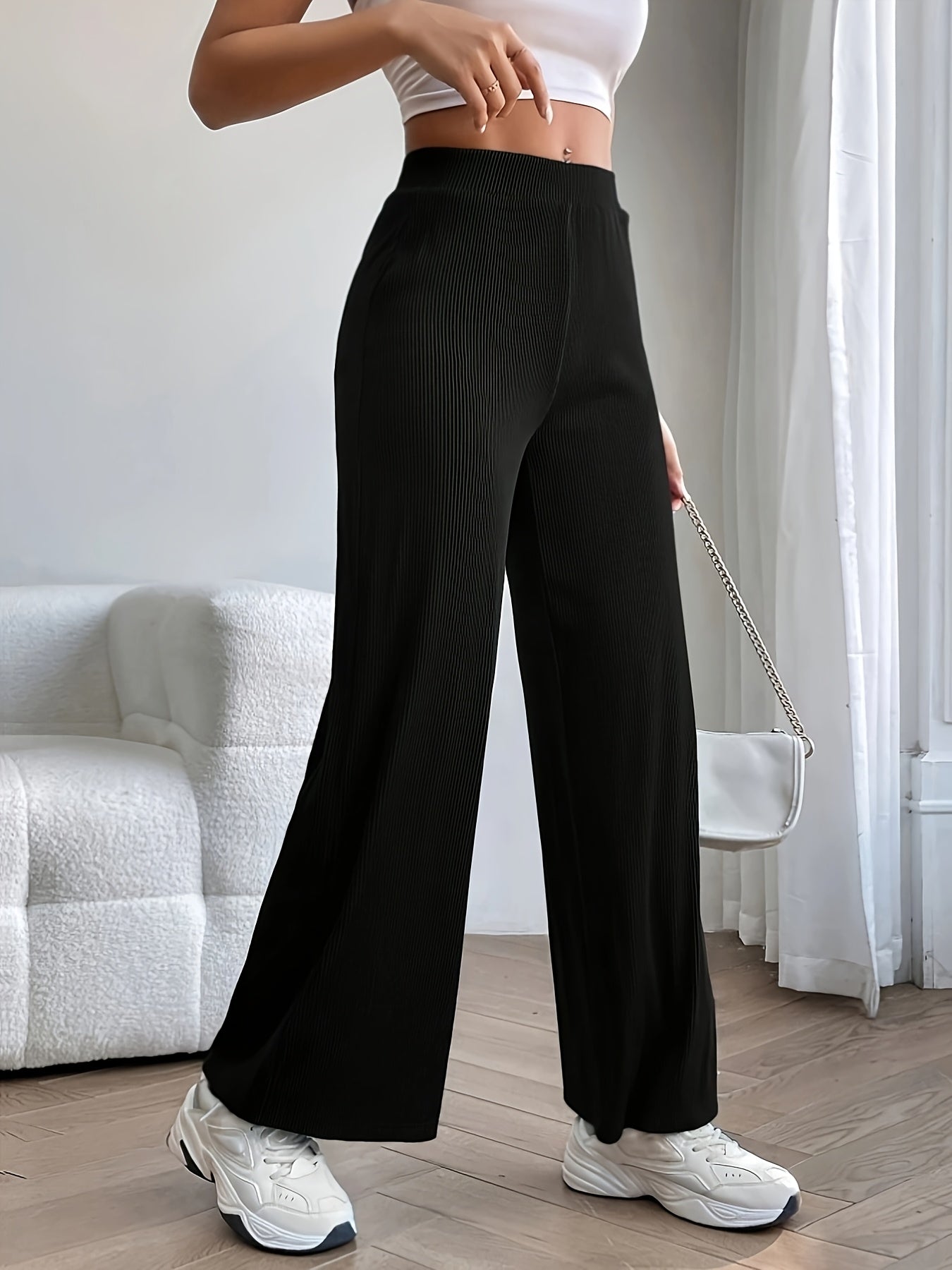 Solid Ribbed Knit Wide Leg Pants