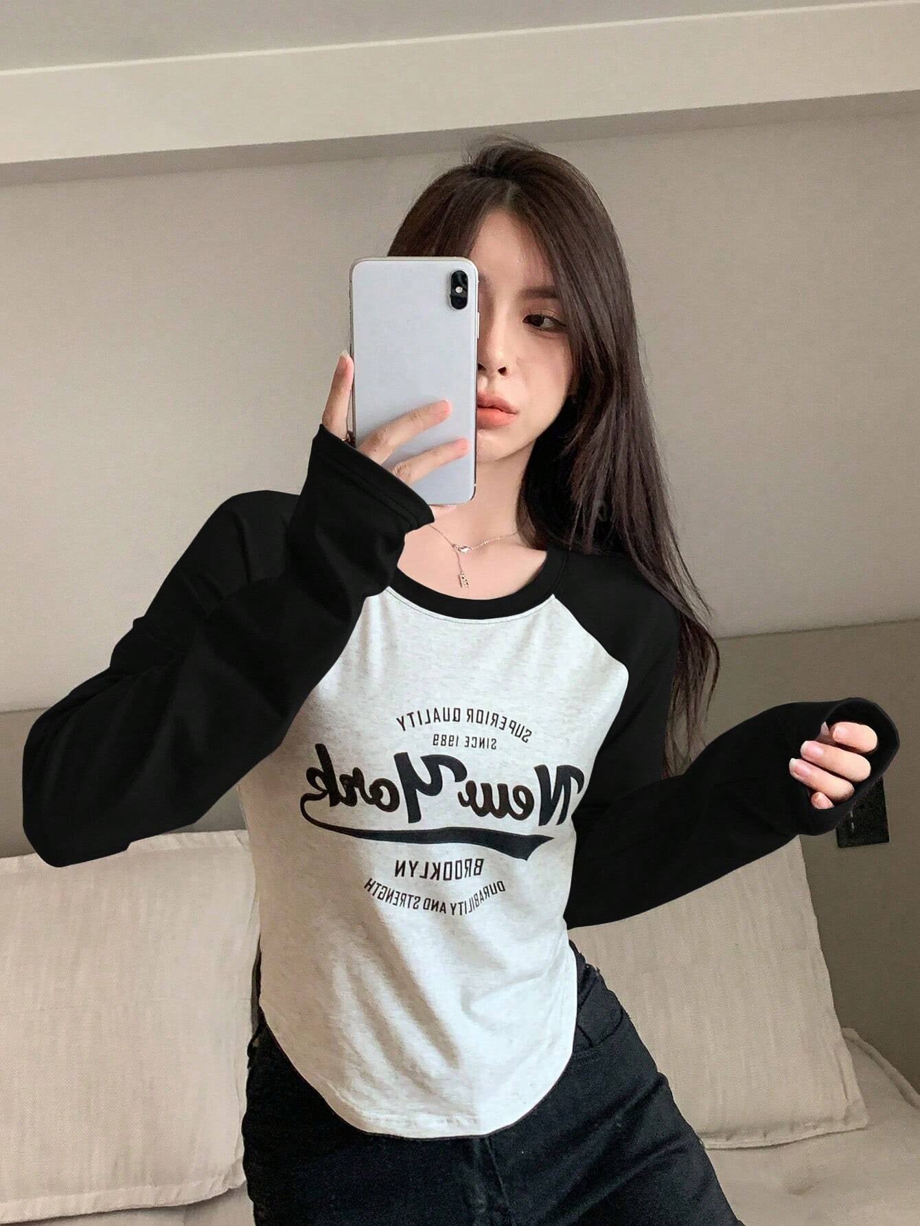 Contrast Raglan Sleeve Letter Graphic Curved Hem Tee