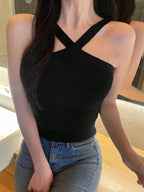 Striped Halter Neck Fitted Knit Top