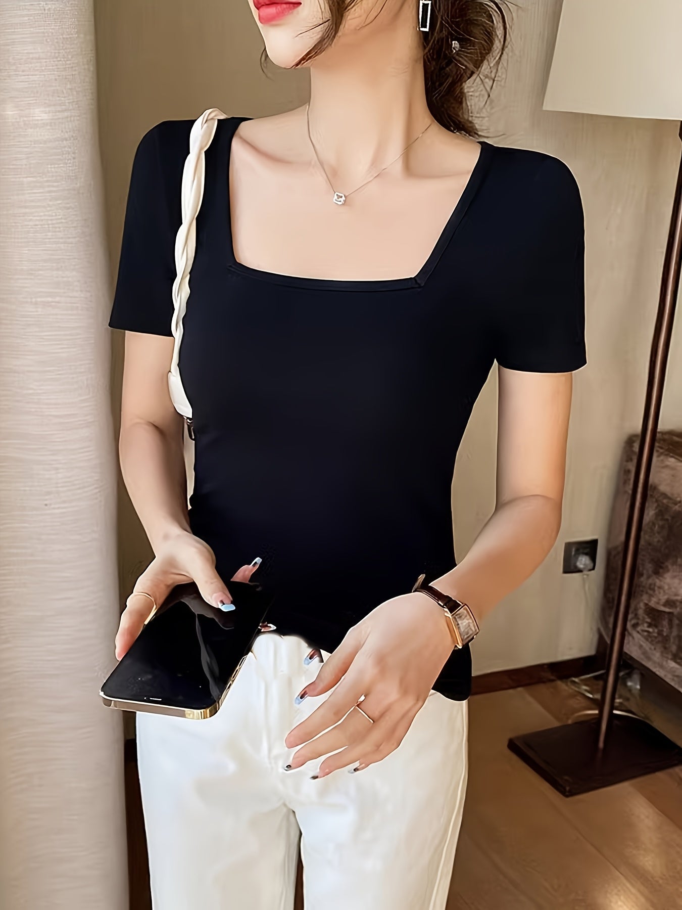 Square Neck Black Short Sleeve T-Shirt