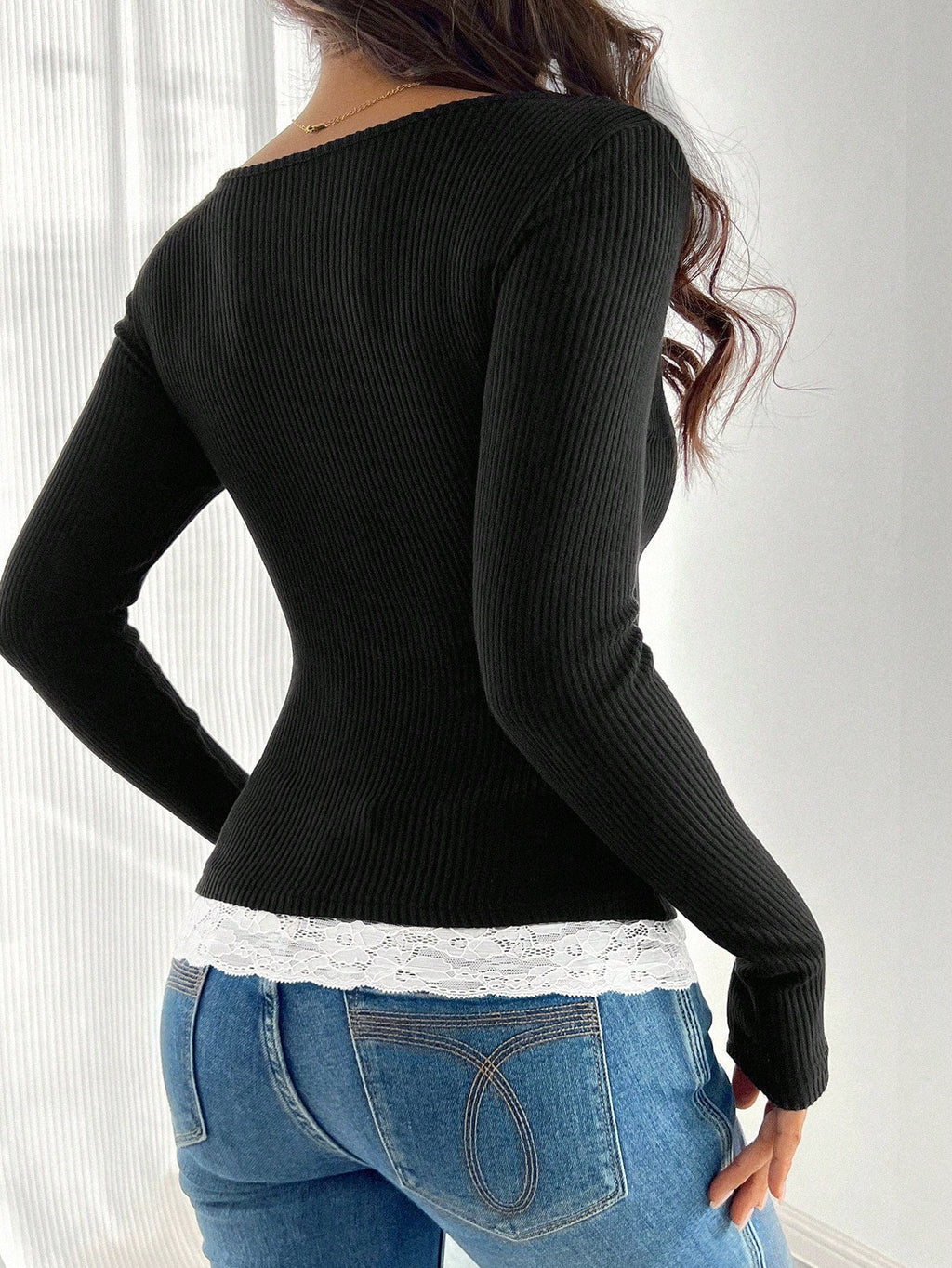 Round Neck 2 In 1 Lace Patchwork T-Shirt, Brown Velour Ribbed