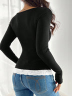 Round Neck 2 In 1 Lace Patchwork T-Shirt, Brown Velour Ribbed