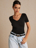 Solid Black Backless Short Sleeve Tee, Effortless Chic Essential, Summer Top