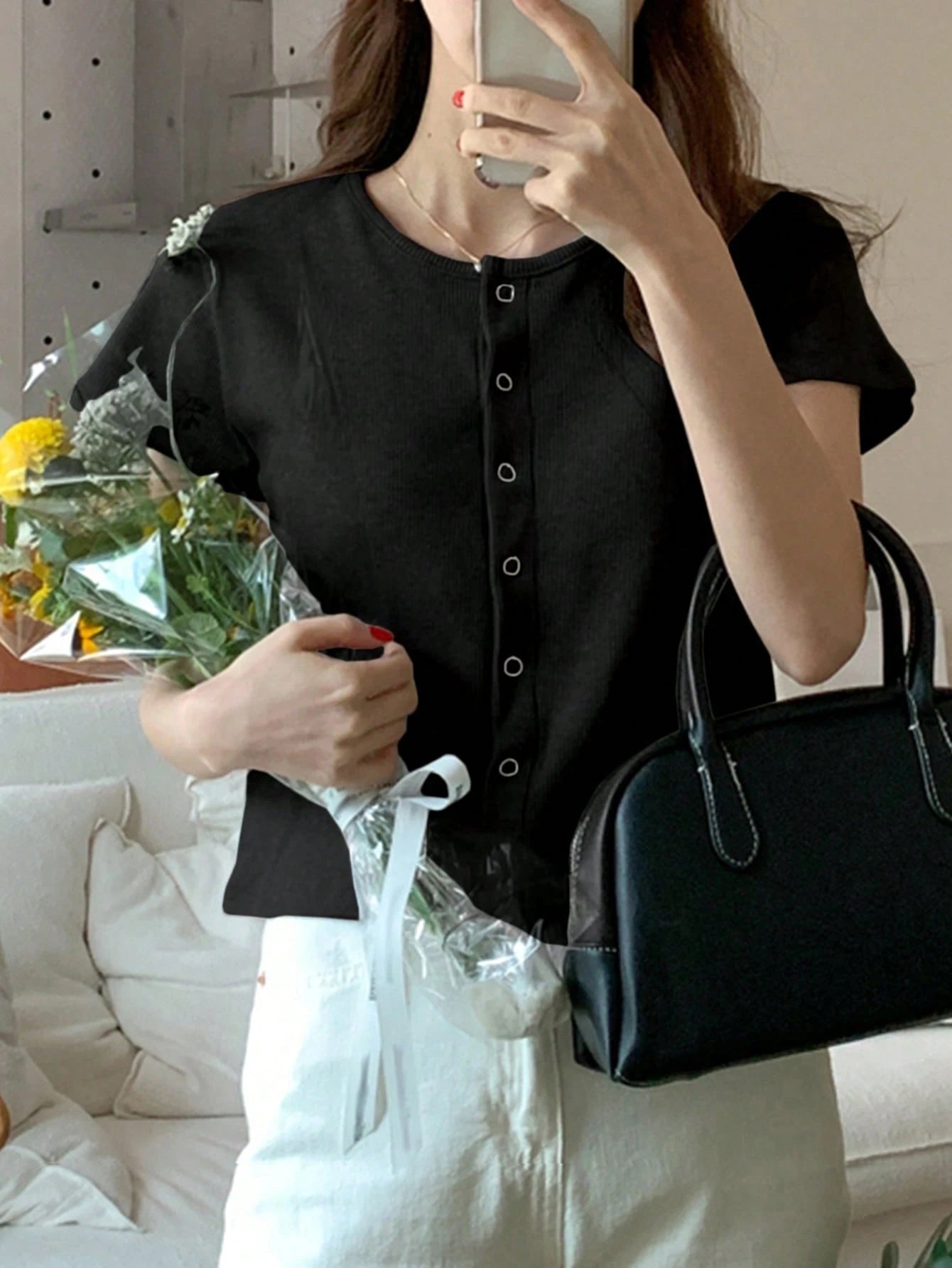 Solid Round Neck Form-Fitting Short Sleeve Cardigan T-Shirt