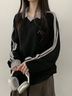 Contrast Color Block Striped Long Sleeve Casual Letter Print Sweatshirt, Collegiate Style, Long Sleeve Tops