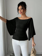 Solid Color Boat Neck Flare Sleeve Knit Fashion T-Shirt