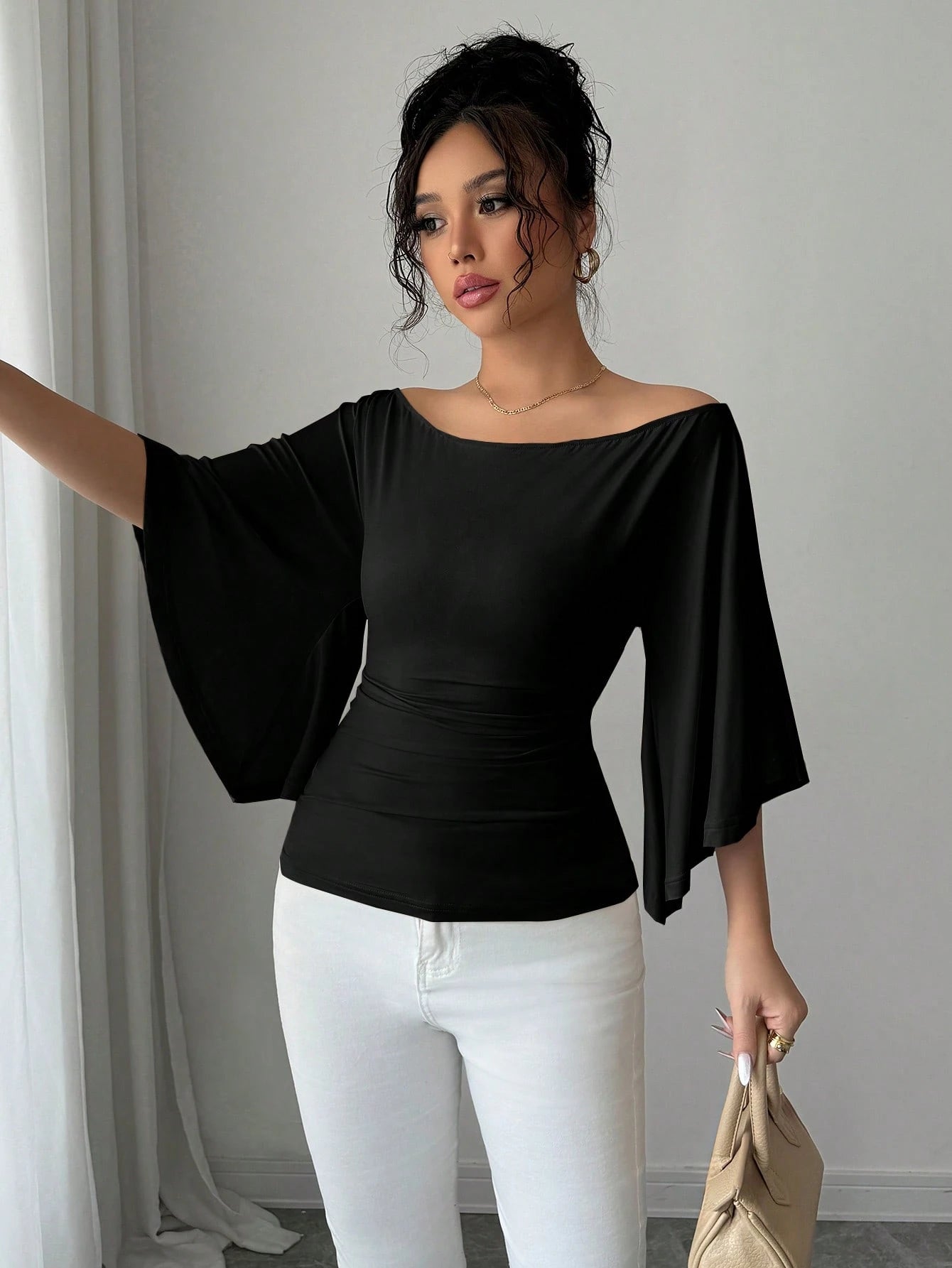 Solid Color Boat Neck Flare Sleeve Knit Fashion T-Shirt