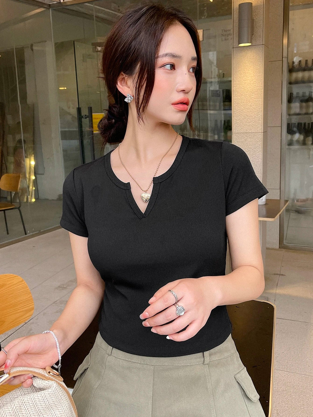 Ribbed Knit Notched Neck Tee