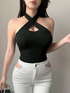 Solid Color Wrapped Halter Neck Slim Fit Tank Top Summer