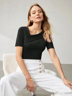 Solid Asymmetrical Neck Slim Fit Tee