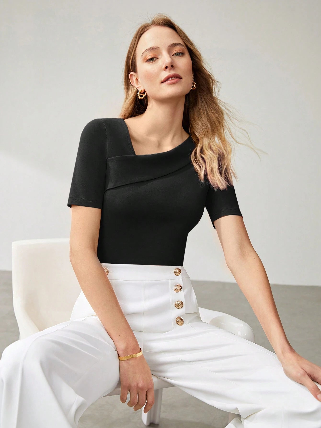 Solid Asymmetrical Neck Slim Fit Tee