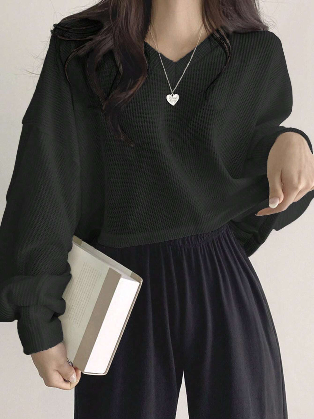 Solid Color V-Neck Dropped Shoulder Long Sleeve Loose Casual T-Shirt