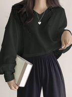 Solid Color V-Neck Dropped Shoulder Long Sleeve Loose Casual T-Shirt