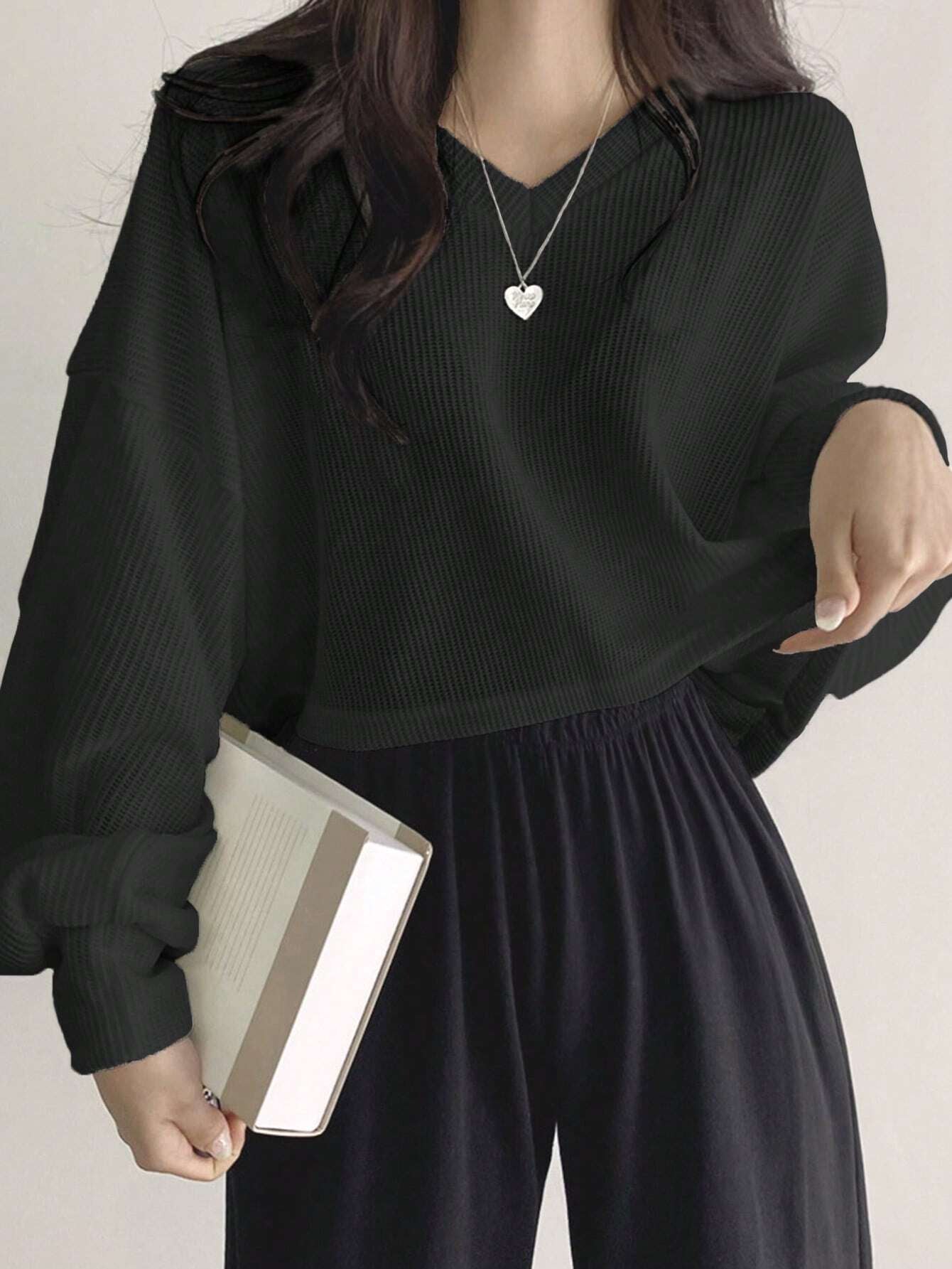 Solid Color V-Neck Dropped Shoulder Long Sleeve Loose Casual T-Shirt