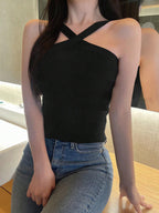 Striped Halter Neck Fitted Knit Top