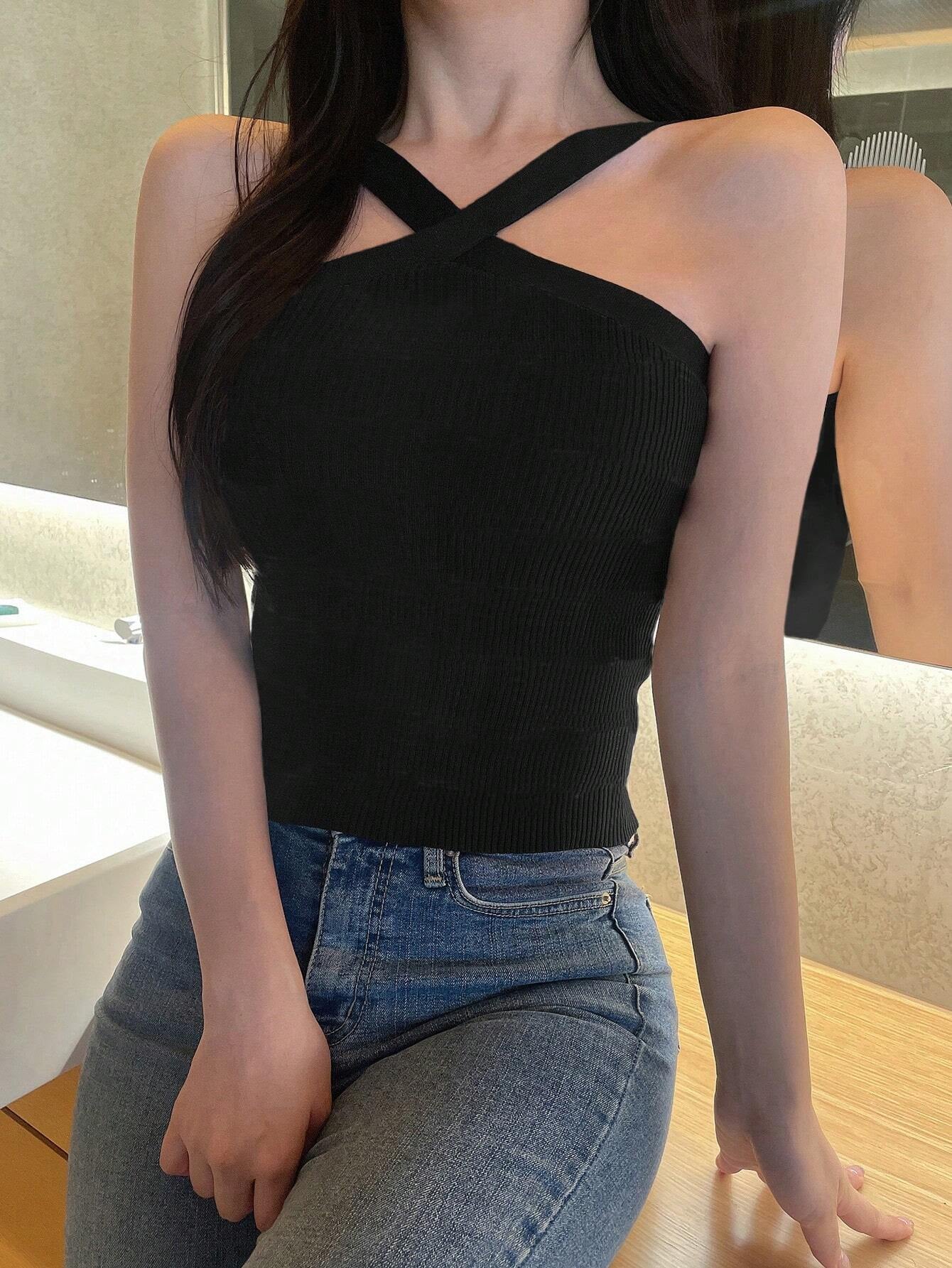 Striped Halter Neck Fitted Knit Top