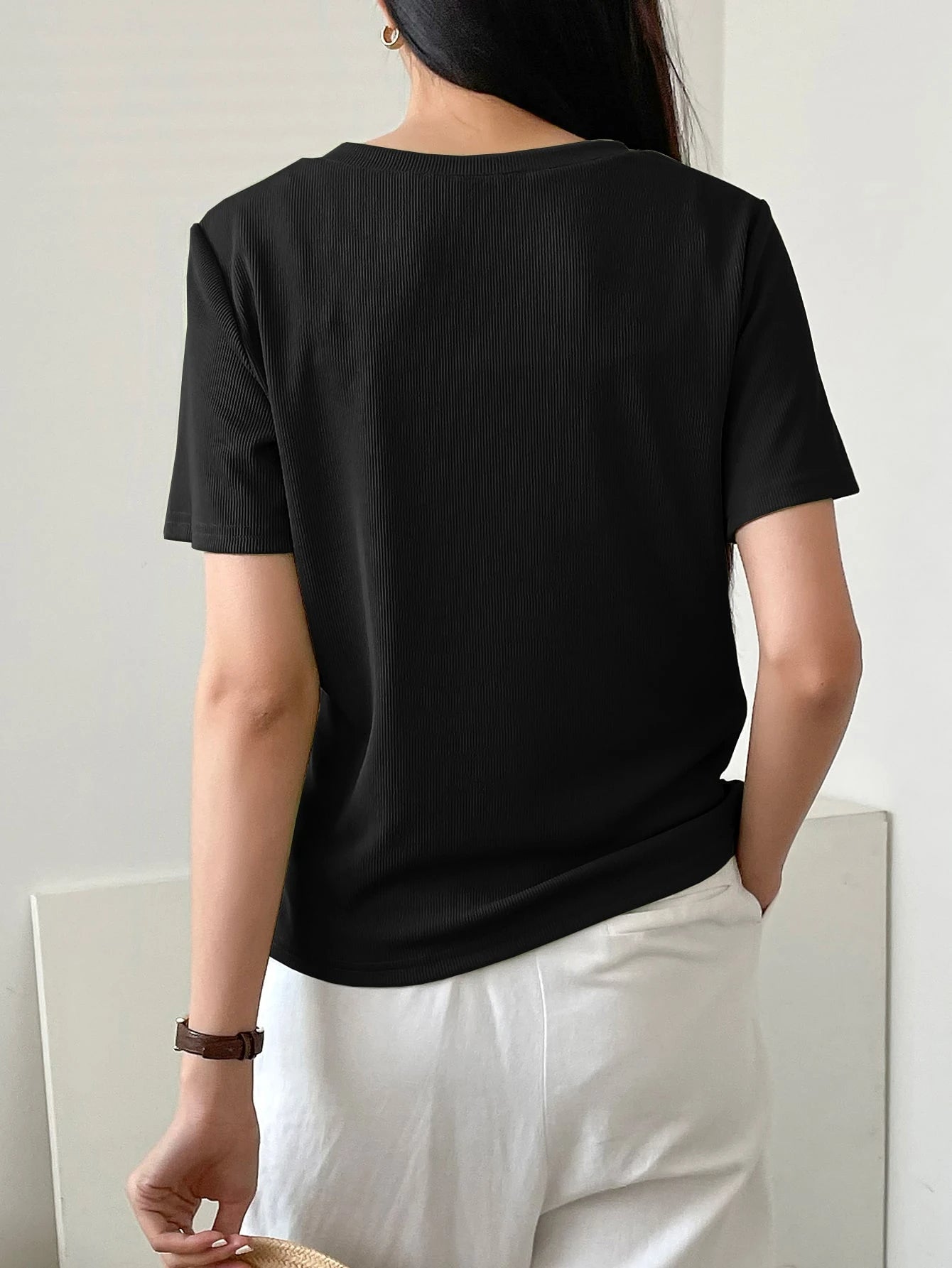 Less Solid Rib Knit Button Front Tee Old Money Style