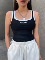 Letter Print Contrast Trim Tight Crop Tank Top With U-Neck For Women