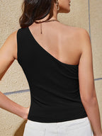 One Shoulder Ribbed Tank Top – Sleeveless Asymmetrical Slim Fit Summer Tee