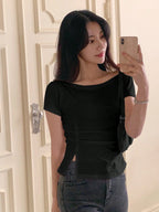 Solid Color Short Sleeve Ruched Side Split Bodycon Waist T-Shirt