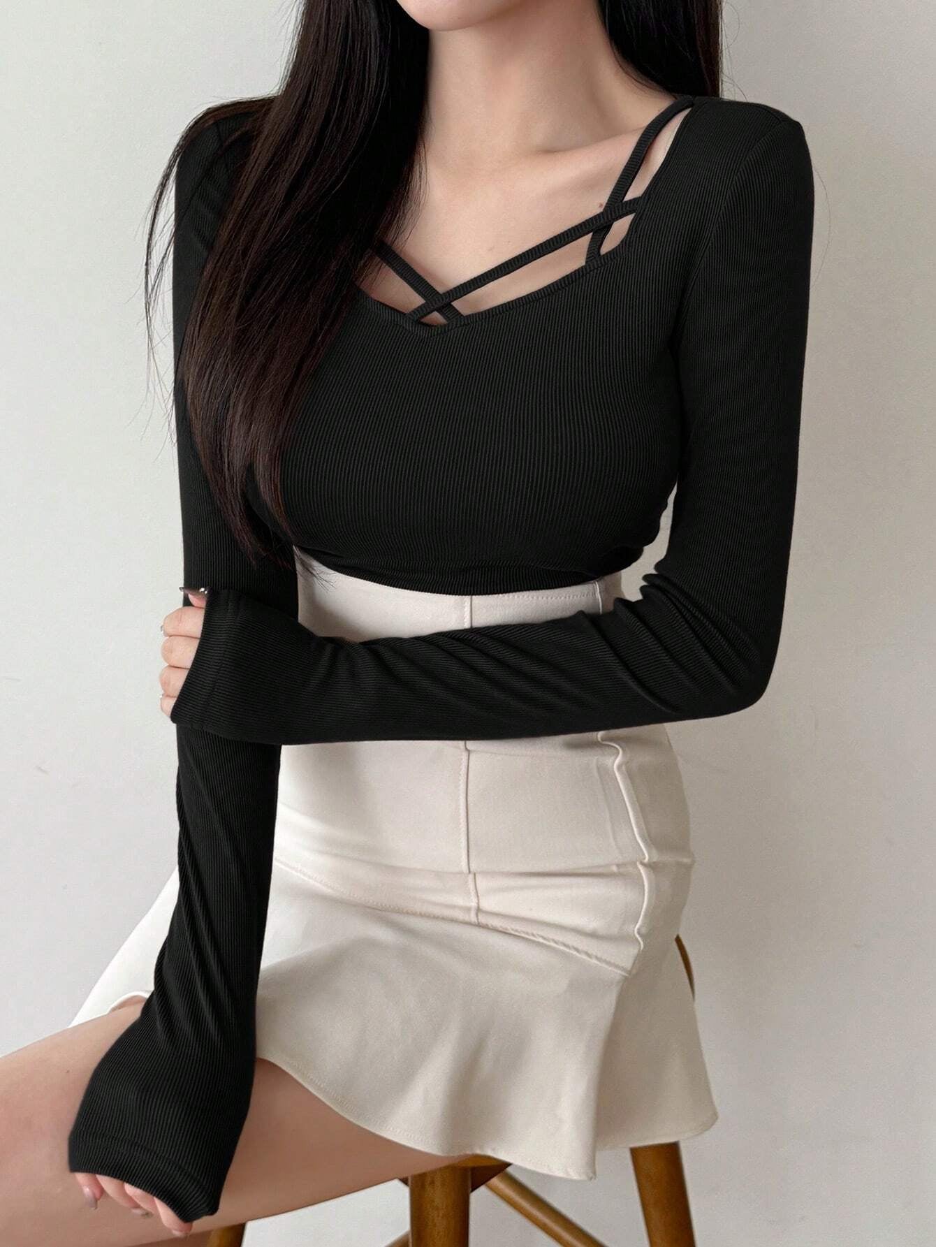 Hollow Out Design Ribbed T-Shirt