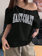 Off-Shoulder Short Sleeve Letter Printed Casual T-Shirt Graphic Tees Women Tops