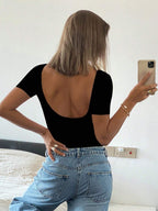 Casual Solid Color Short Sleeve Slim Fit T-Shirt,Halter Top