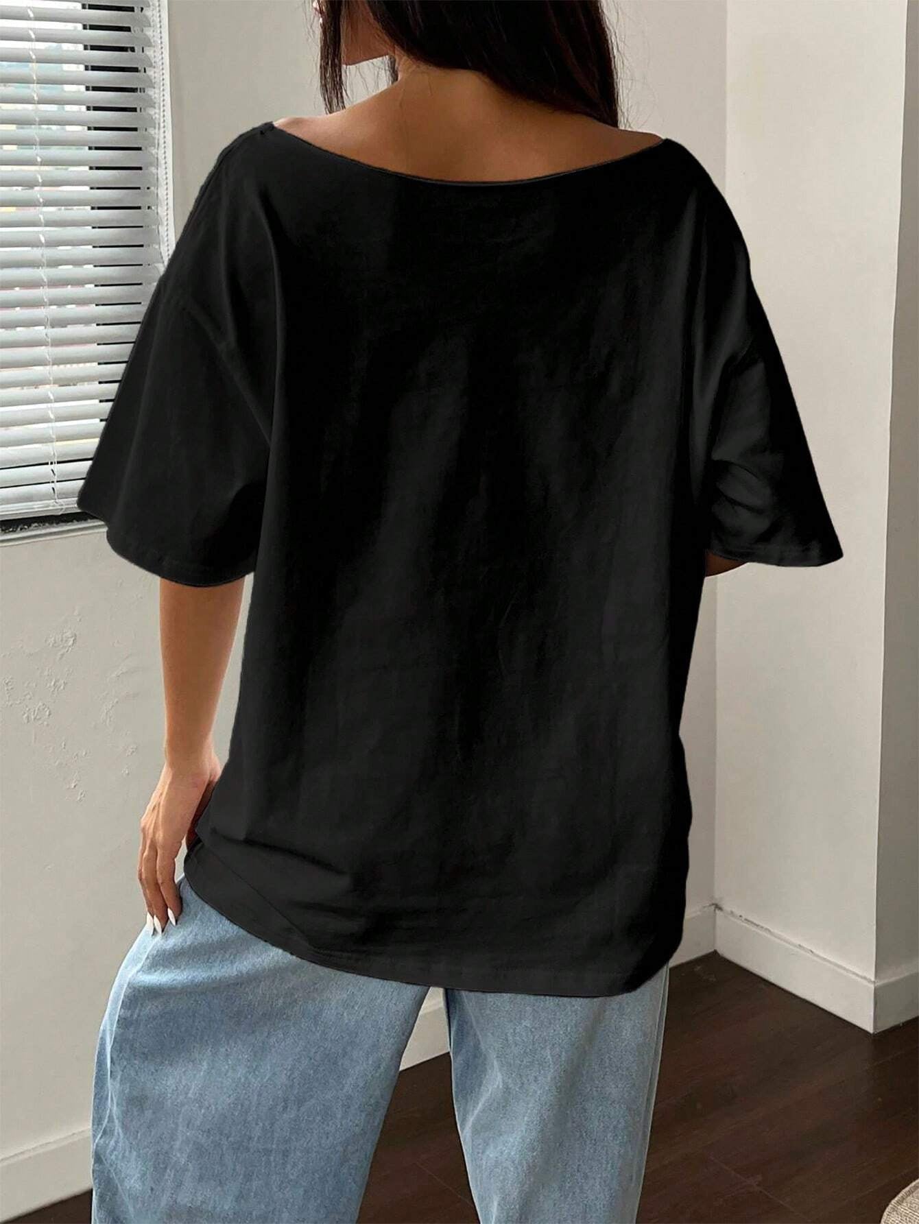 Letter Print Off-Shoulder Short Sleeve Casual Loose T-Shirt Graphic Tees
