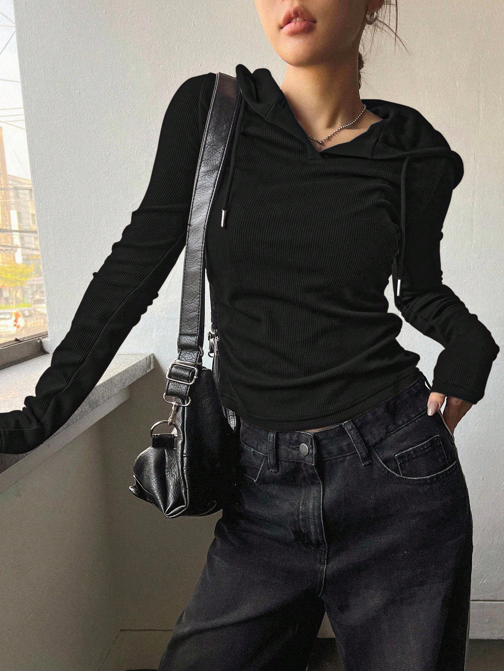 Solid Color Drawstring Hooded Long Sleeve T-Shirt