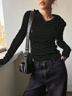 Solid Color Drawstring Hooded Long Sleeve T-Shirt